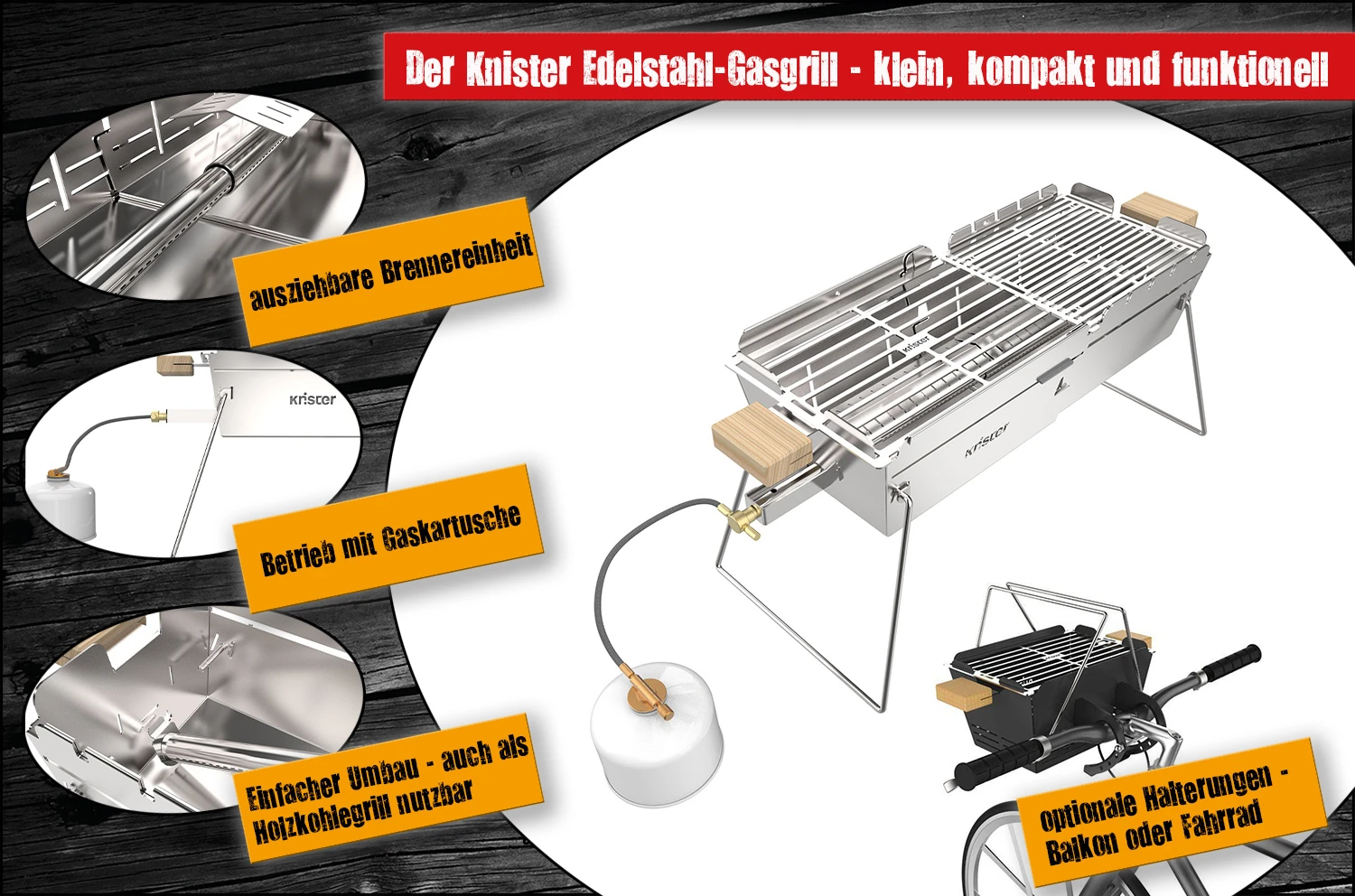 Knister Edelstahl-Gasgrill - Ausziehbarer Kompaktgrill 1 Knister Edelstahl-Gasgrill - Ausziehbarer Kompaktgrill