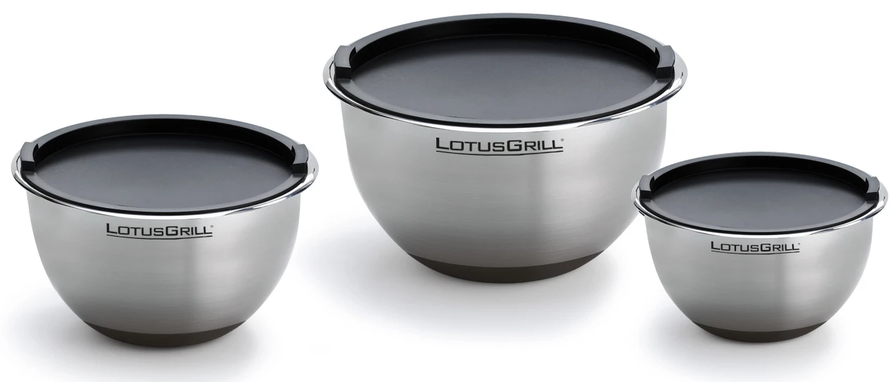 LotusGrill Edelstahlschüssel 3er Set Mit Deckel 1 LotusGrill Edelstahlschüssel 3er Set Mit Deckel
